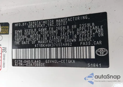 2007 Toyota Camry Xle V6 из США, поврежденный, VIN 4T1BK46K37U554862